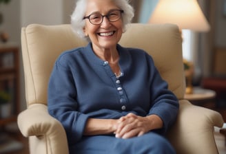 An elderly hand gently rests on top of another, creating a sense of care and companionship. The nails are neatly manicured with a pale color. The background is softly blurred, suggesting an intimate and personal setting.