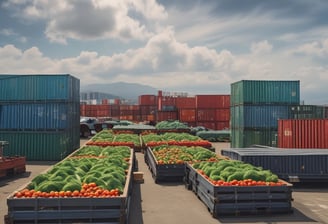 An open van parked outside a building is filled with crates of fresh vegetables, including cabbages, onions, and red bell peppers. The setup suggests an organized distribution or delivery of produce.