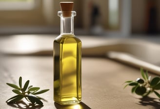 A bottle of chia oil labeled 'Aceite de Chia' with branding that includes the name 'Jevica.' The label also highlights that the oil is premium, edible, and 100% natural. The bottle is positioned on a wooden surface in front of an out-of-focus background featuring cool-toned colors.