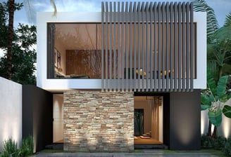 Cerramiento exterior de vivienda con diseño modular en madera y vidrio de grandes dimensiones