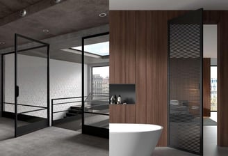 Puerta corredera acristalada en despacho corporativo de estilo industrial y elegante