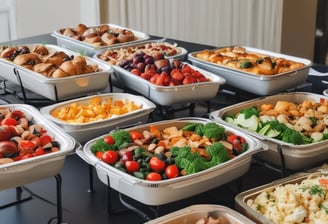 A person wearing a hairnet and dark polo shirt stands at a catering setup, lifting the lid of a chafing dish. Plates are stacked in the background, and the setting appears to be a professional or formal food service environment.