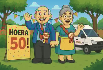 opblaas pop abraham en Sarah 50 jaar op grasveld met bestelbus Partydolls.nl op de achtergrond