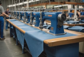 Close-up view of denim fabric showcasing a detailed weave pattern in blue and white. A seam with visible stitches runs vertically on the right side, highlighting the texture and craftsmanship.