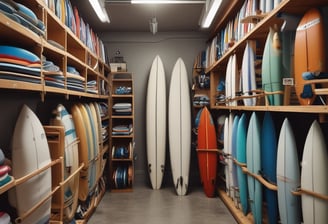 A collection of surfboards is neatly arranged on the ground in an enclosed area with a stone wall backdrop. The boards vary in color and design, including white, yellow, and red shades. A bicycle is parked nearby, partially visible against the wall. There is also a surfboard bag leaning against the wall and a black jerry can close to one of the boards.
