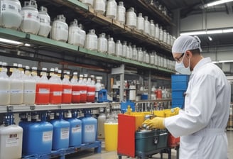 A large cardboard cylinder and a silver foil bag, both labeled with 'CMOAPI' branding, are displayed. The labels include product details such as name, CAS number, weight, and a QR code. In front of them, a small glass dish contains a white powder with a metal spoon inside.