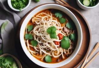 A close-up of a hand holding a cardboard container filled with grilled meat and noodles, adorned with a small flag resembling the Thai national flag.