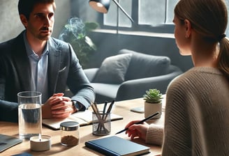 a man and woman sitting at a table with a laptop