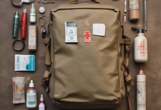 A close-up view of a black tactical backpack featuring multiple straps and Velcro patches. Attached to the backpack is a small, red pendant in the shape of a stylized wolf head.