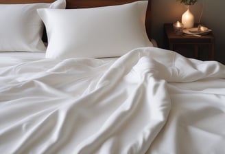 A neatly arranged bed with white sheets and pillows, conveying a sense of cleanliness and order. The fabric appears soft and inviting, suggesting comfort and relaxation.