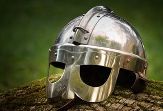 a metal helmet made in the style of those worn by Vikings