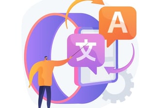 Personne pointant vers des icônes de traduction et de symboles linguistiques.