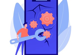 Illustration d'une personne réparant des engrenages sur un écran de smartphone.