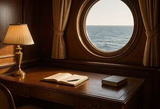  Espaço de escrita elegante a bordo de um navio, com escrivaninha clássica junto a uma janela redonda com vista para o mar.