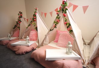 teepee slumber hire enchanted flower theme with balloon garland