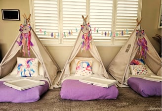 teepee slumber hire unicorn dreams theme with balloon garland