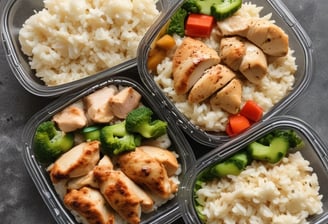 A person holding a meal in a black container featuring cooked cauliflower, broccoli, baby carrots, and slices of nut-crusted entrée. The background is a textured red surface with shadows, and the person appears shirtless, emphasizing a focus on fitness or healthy living.