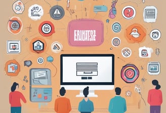 Two individuals stand in front of a whiteboard covered with multicolored sticky notes and arrows. One person points towards the whiteboard, which has handwritten words like 'User-Generated Content', 'Engagement', 'Event', and 'Social Wall'. The setting appears to be a collaborative or educational environment.