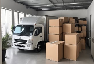 A large moving truck is parked on a residential street in front of a house with beige siding and white garage door. The truck is branded with 'Los Angeles Transfer And Storage,' featuring contact information and graphics of a city skyline. The sky is overcast, and the street is empty.