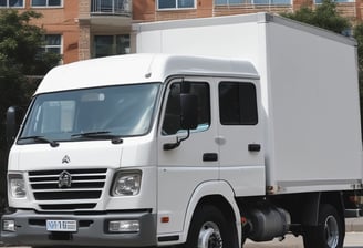 Several moving trucks from Divine Moving & Storage Ltd are parked along a street lined with trees. The trucks are large and blue, with company logos and contact information visible. A painting detail is incorporated into the truck design. The street has a sidewalk with some water reflecting the surroundings.