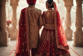 a bride and groom in traditional indian wedding attire