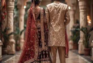 a man and woman in traditional indian wedding attire