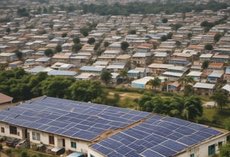 An aerial view of a building with a large array of solar panels on its roof. The structure is surrounded by greenery, pathways, and some smaller structures or landscaped areas. The environment appears to be a mix of natural and man-made elements, suggesting a focus on sustainability.