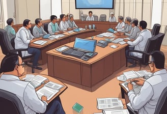 A professional consultation setting with a medical professional sitting at a desk facing a client. The room has a modern aesthetic with white walls decorated with framed certificates. The desk is organized with office supplies, a laptop, and a fruit bowl in the center.