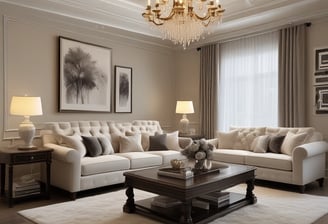A spacious, well-lit showroom filled with a variety of modern and classic furniture pieces. There are several sofas, armchairs, coffee tables, and dining tables arranged in a cozy and inviting manner. The decor includes vases, cushions, and artistic pieces, and the color scheme is neutral with pops of color from accessories. Large windows in the background provide ample natural light.