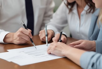 A person in a formal suit is seated at a wooden desk, smiling broadly while signing a document. Their pen is poised above an open book, which is likely a registry or official ledger. Next to the seated person, partially visible, someone wearing a light-colored robe stands, possibly observing the signing process. In the foreground, the table is adorned with a bouquet of white and red flowers, and there are papers laid out beside the book.