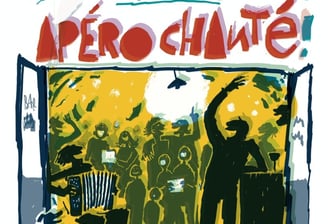 Affiche avec une peinture qui représente des gens qui chantent dans un bar