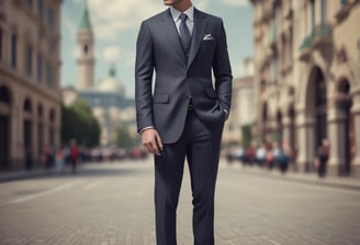 a man in a suit and tie standing in a city street