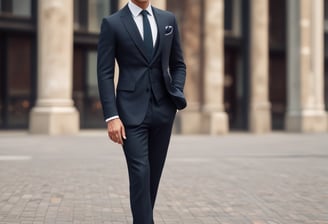 a man in a suit and sunglasses walking down a brick sidewalk