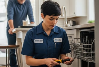 A focused Novus-Pros technician, in uniform, expertly repairing a dishwasher in a client's kitchen