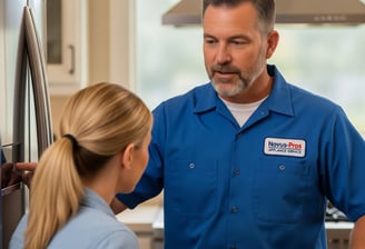 A Novus-Pros technician, in uniform, professionally consulting with client about their refrigerator.