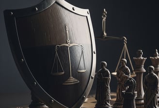 Defensa Penal Estratégica con un escudo protector, figuras de ajedrez y una balanza de la justicia