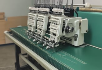 A heavy-duty industrial sewing machine is placed on a table, with a large spool of white thread positioned in the background. Scissors and a few crafting tools are laid out on the table next to the machine. There is a caution sign on the machine, indicating safety instructions. The background features a light blue wall, contributing to a clean and organized workspace appearance.