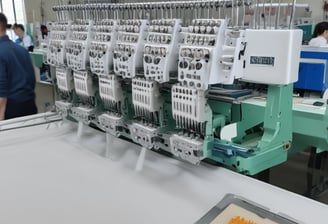 An industrial setting with multiple large textile weaving machines placed in a row, surrounded by packages and various materials. The machines are primarily blue and white, featuring several moving components and long rollers. The area is well-lit by overhead lights and is spacious with a concrete floor.