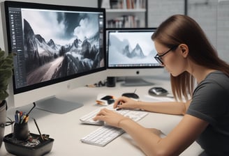 A close-up view of a sewing machine needle and presser foot, with visible stitching thread. The sewing machine is positioned on a work table, and there are subtle shadows on the surface.