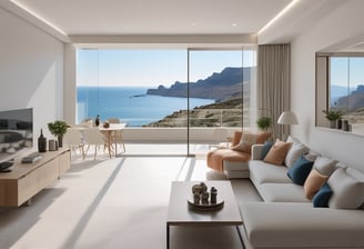 A coastal area features a collection of luxury homes set on a hillside. The houses vary in architectural style and are surrounded by lush greenery and tall palm trees. Below the homes, a marina is visible with several boats docked along the wooden piers extending into deep blue water. The sky above is partly cloudy, creating a relaxed and inviting atmosphere.