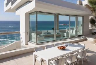 A luxury white villa with large windows and a green roof is situated on a scenic hillside. A man in sunglasses and swimwear is casually seated on a wooden railing, enjoying the warm sun.
