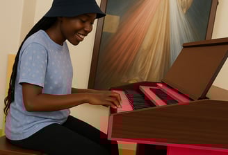 a young Tanzanian woman is playing the piano and smiling from happiness
