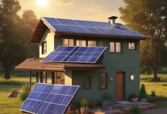 A series of solar panels are installed on a large industrial rooftop under a clear sky at sunset. The sunlight casts a warm glow across the panels and the surrounding area, highlighting the geometric patterns formed by the panels.