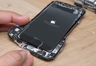 A disassembled smartphone with its internal components visible, showcasing various circuit elements such as metal connectors, screws, and a QR code on a circuit board. The background is solid black, drawing focus to the partially exposed circuitry.