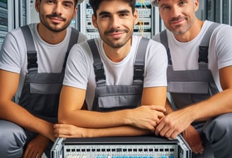 Personal de instalación de fibra óptica en uno de los proyectos de instalación en un Data center