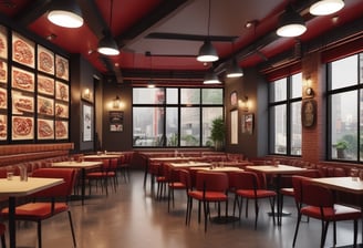 The room is a modern audio equipment showroom featuring various speakers and sound systems displayed on stands and shelves. The walls are decorated with colorful words like pop, hip-hop, and house, indicating different music genres. The space is well-lit with large windows allowing in natural light, and the floor is polished. Several tables hold additional audio equipment, and there are soundproofing panels on one of the walls.