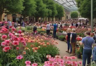 a field of tulips and other flowers with a sign in the background