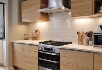 A modern kitchen with wooden cabinets and a stainless steel oven. A kettle sits on the stovetop, and a microwave is on the countertop. The kitchen has a light color scheme with beige tiles and a partial view into a living room with a black and orange color palette.