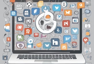 A laptop sits on a wooden table in a room with a whiteboard on the wall. The whiteboard displays a social media content schedule with colored sticky notes under days of the week, planning posts for platforms like Twitter, TikTok, Instagram, and Facebook. The laptop screen shows a website related to social wall solutions.