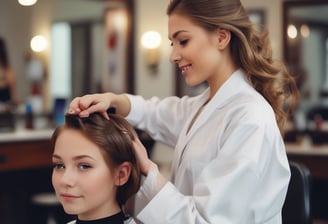 A person with long blonde hair is applying makeup or performing some form of facial grooming on another person. The setting appears cozy and informal, with dim lighting. The person working wears a black cap and is focused on the task.